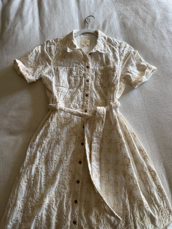 Sezane Dresses & Skirts - Sézane Adèle Dress Ecru Eyelet Broderie Anglaise Belted Shirt Dress Size 38